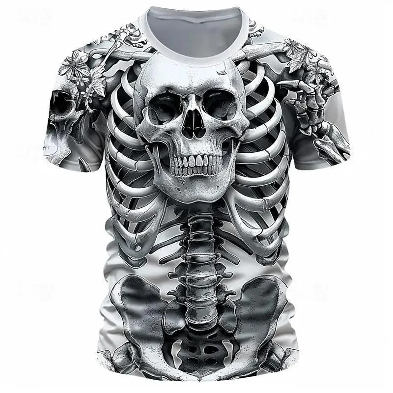 Halloween Skeleton Pattern T Shirt For Men Funny Skull 3D Printed T-Shirts Summer Oversized Short Sleeve Tees Round Neck Tops