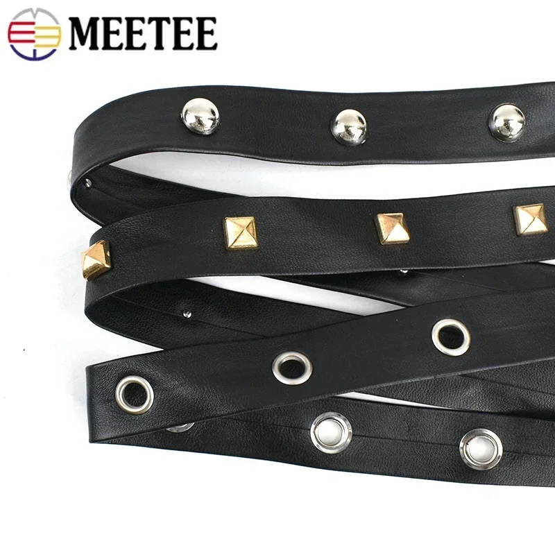 2/5/10Meters Meetee Rivet PU Leather Ribbons Punk Eyelets Band Rope DIY Bracelet Sewing Clothing Bags Strap Material Accessories