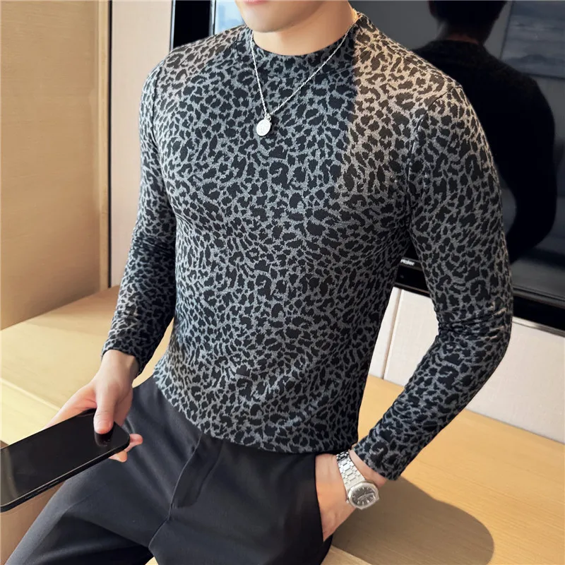 High Stretch Printing T-shirt Long Sleeved 2024 Autumn New Semi High Neck Fashionable Slim Fit Leopard Print Tee Men Clothing