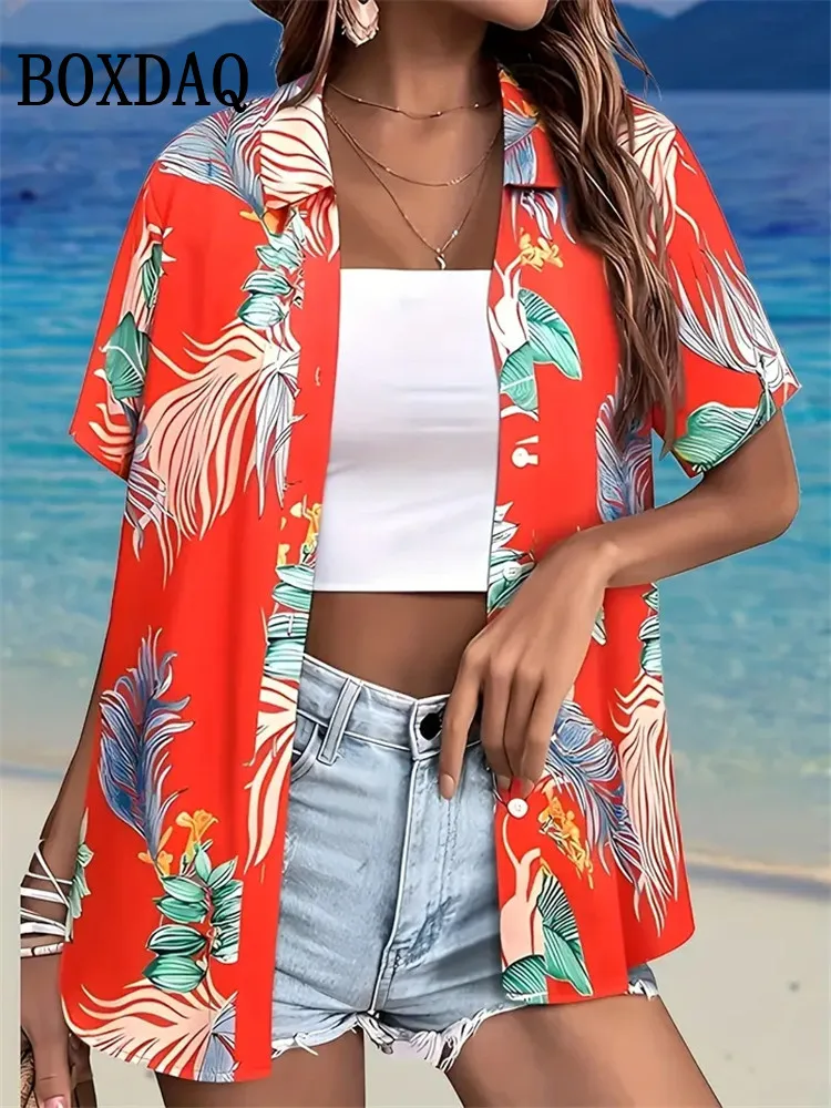 Summer Fashion Women Blouse Hawaiian Coconut Tree Print Short Sleeve Lapel Casual Button Shirt Tops Women's Beach Hawaiian Shirt