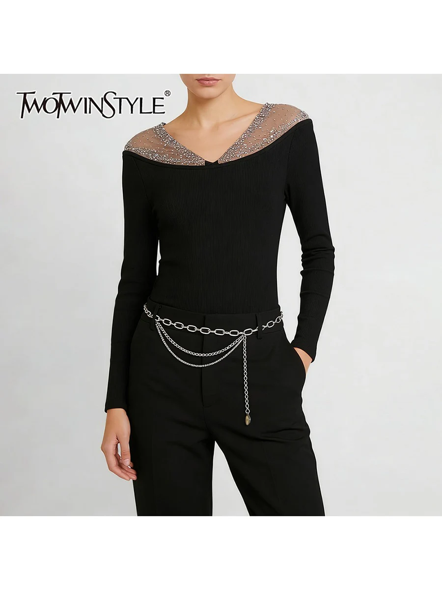 

TWOTWINSTYL Hit Color Slimming Sheer Spliced Hot Fix Fashion Sweater for Women V Neck Long Sleeves Elegant Sweaters Female New