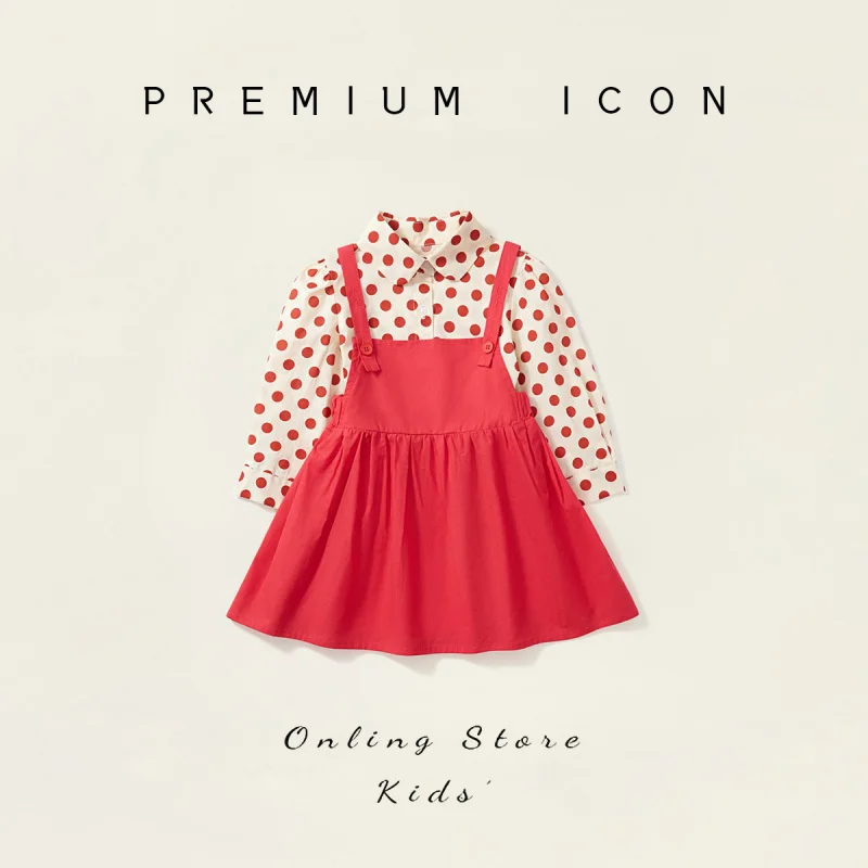 Set Pakaian MDDGirls Kemeja Polkadot Merah dan Rok Suspender Set Dua Potong Kostum Pertunjukan Anak-Anak TK