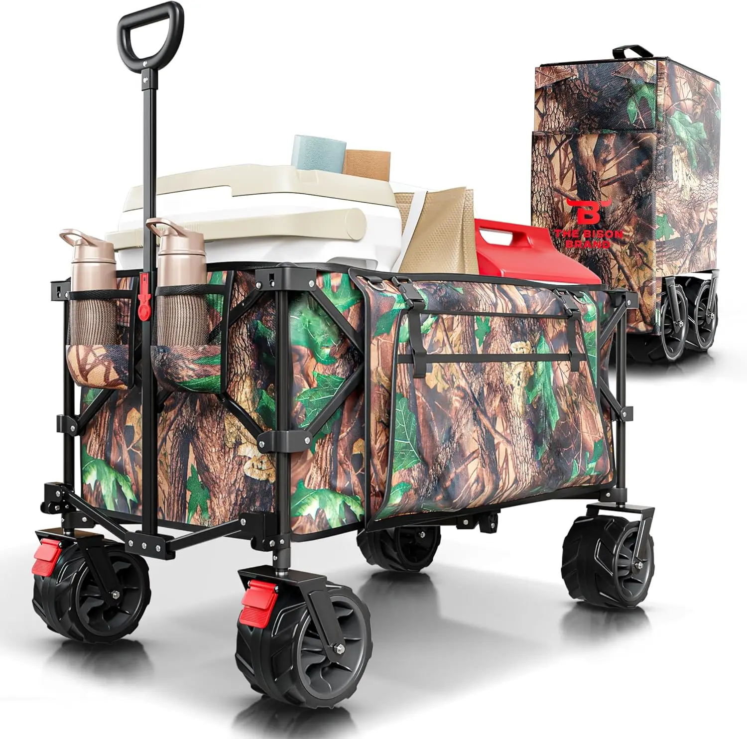 Heavy Duty Folding Wagon Cart With Wheels - Collapsible Wagon With Tree Camo Design, 2 Drink Holders & Carry Case - All Terrain