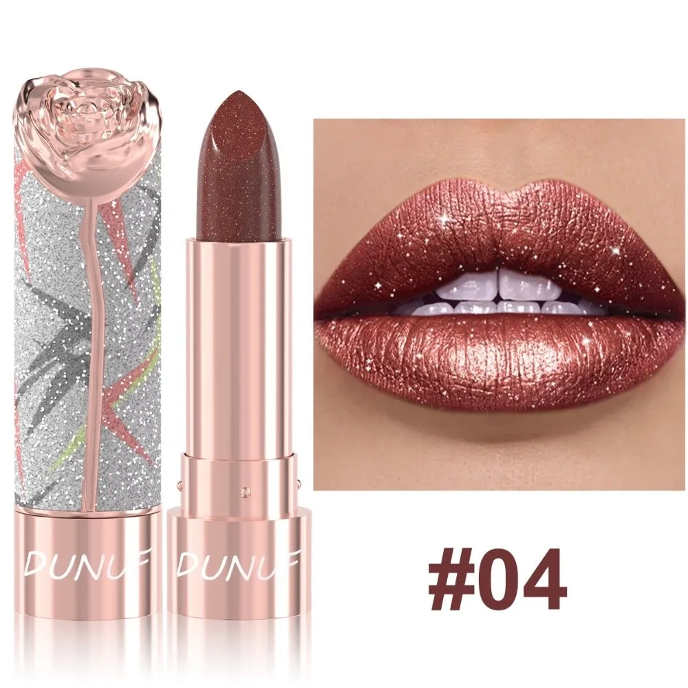 New 7 Colors Metallic Lipstick Pearl Pink Waterproof Shimmer Lip Glaze Floral Embossed Pearlescent Glitter Lip Tint Women