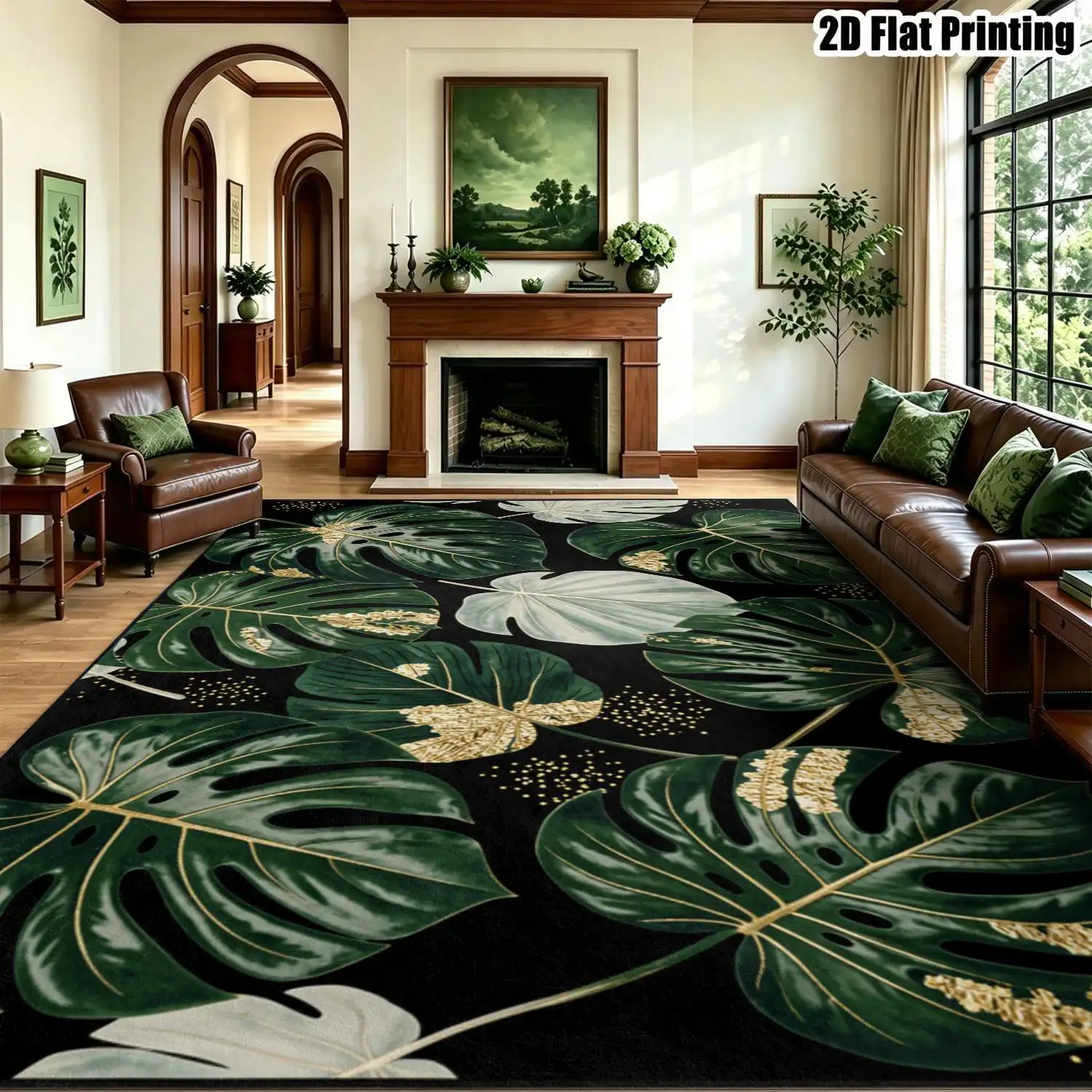 1Pc 2D Printed Carpet: Dark Green & Light Gold Bamboo Pattern, Nordic Minimalist Instagram-Worthy Decor, Machine Washable, Multi-Size for Multiple Rooms
