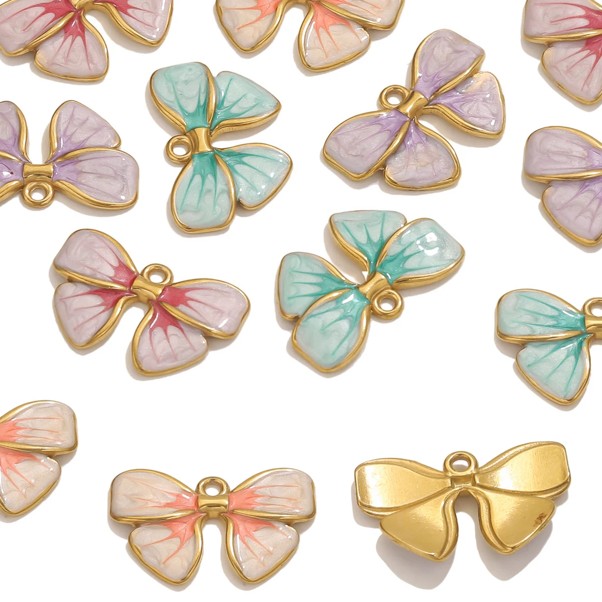 4pcs Colored Stainless Steel Bow Pendant Accessories Simple Charm Necklace Earrings DIY Jewelry Supplies Manufacturing