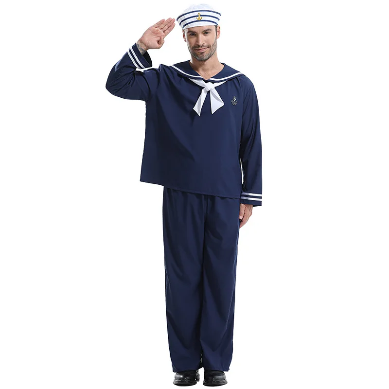 

Halloween Sailor Suit Navy Blue Uniform Men Cosplay Costumes Navigator Clothing Stage Performance Long Sleeve Top Pants Hat