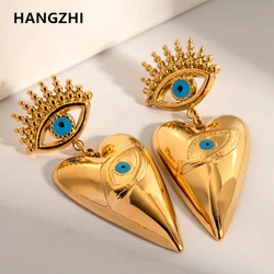 HangZhi Blue Devil's Eye Large Heart Pendant Earring Stainless Steel Gold Color Chunky Vintage Y2K Huge Drop Jewelry New In