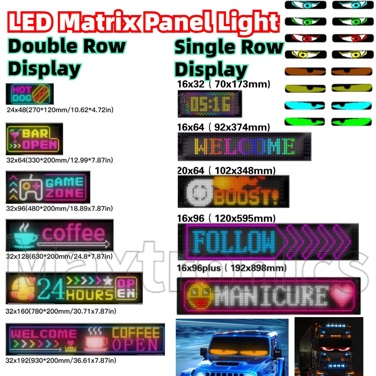 USB5V Doppia/Singola Fila A Scorrimento Pannello A Matrice LED Multilingue Smart App FAI DA TE Auto Camion Occhi Malvagi Schermo Flessibile Programmabile
