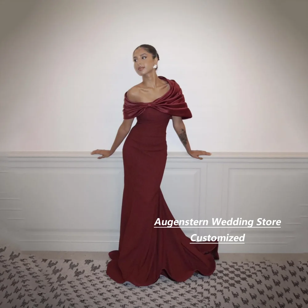 Customized Burgundy Off Shoulder Draped Jersey Mother Of The Bride Gown  Mermaid Dress Long Train Formal Wedding Evening Gown