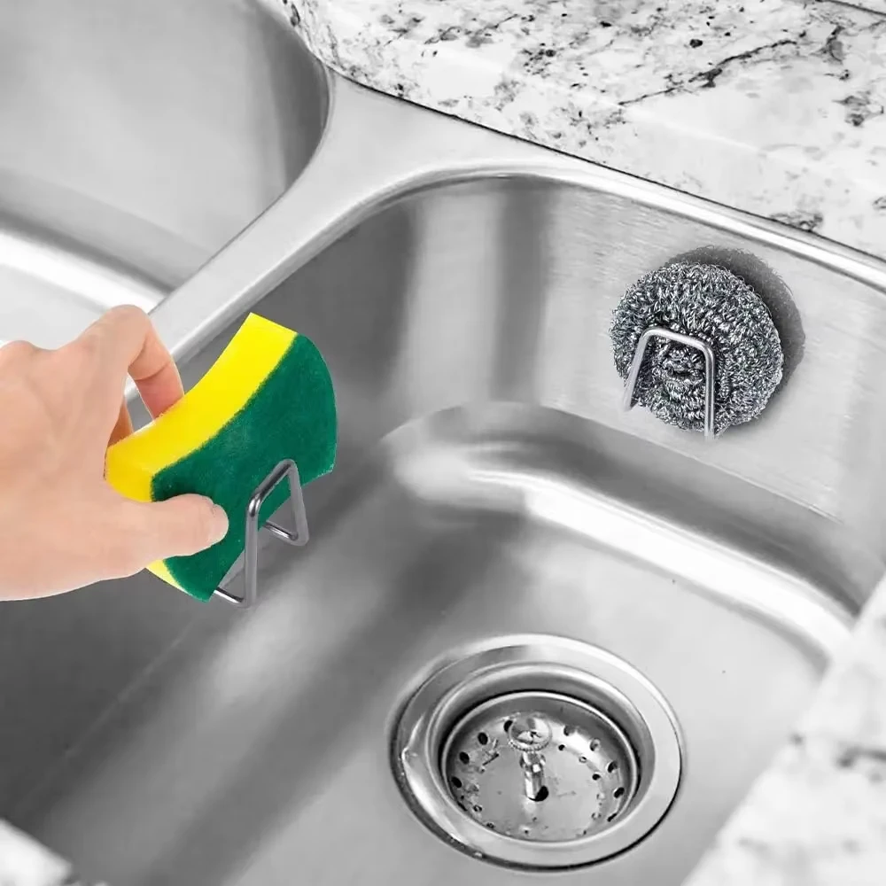 2Pcs Stainless Steel Sink Sponge Holder Self Adhesive Drain Drying Rack Wall Hook Storage Organizer Kitchen Accessories