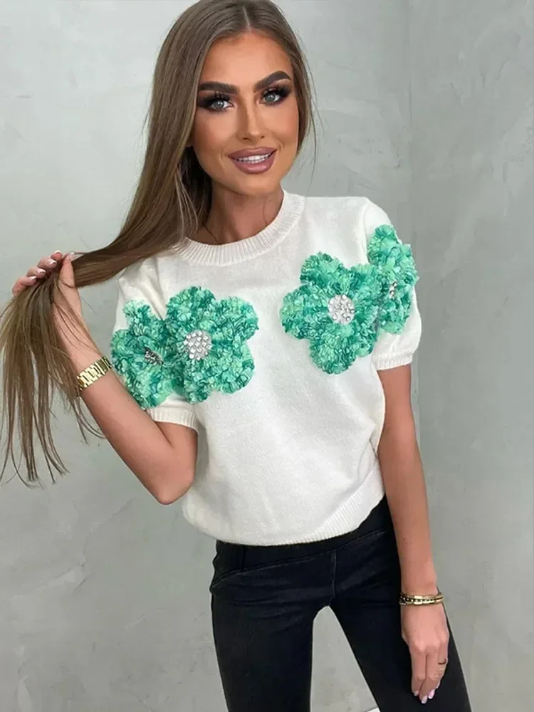 Moda 3D floreale lavorato a maglia Cropped top per le donne 2024 Street manica corta fiore maglione elegante signora O collo Pullover maglieria