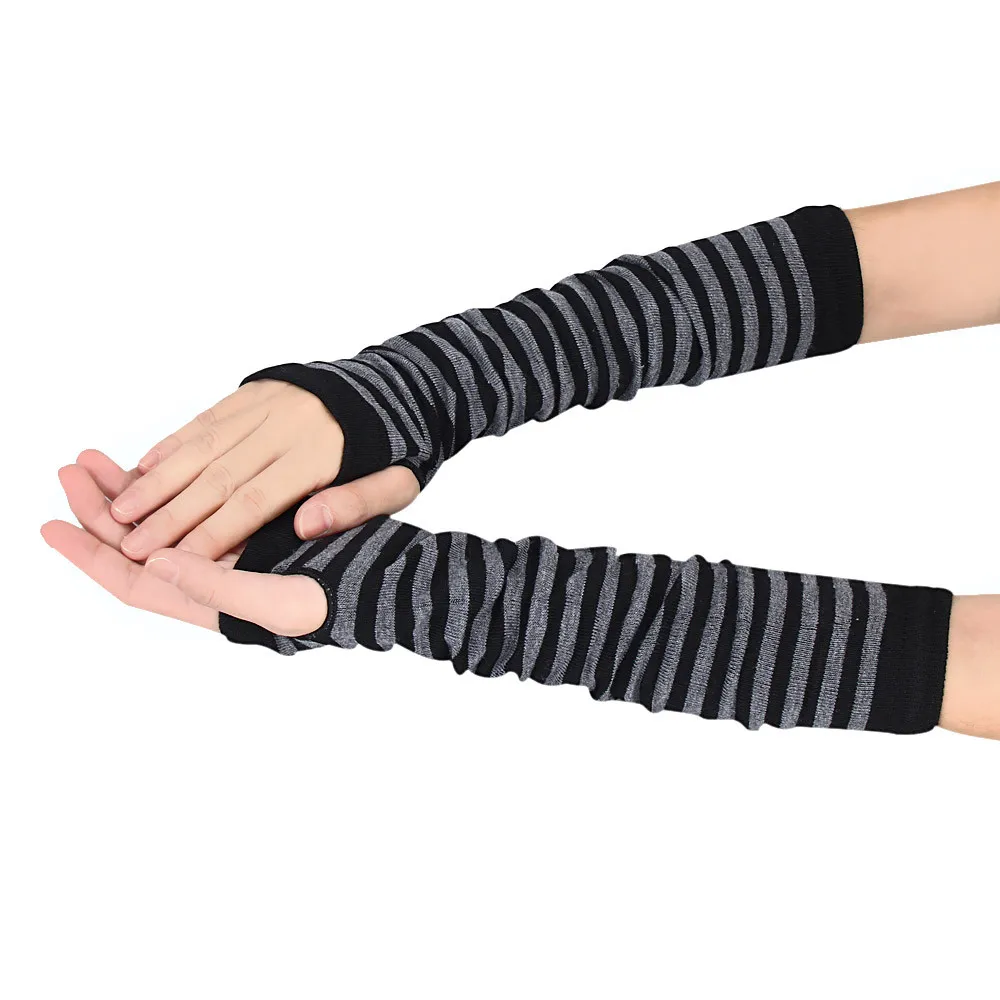 Women Long Sleeve Striped Fingerless Arm Warm Knitted Women\'s Wristband Solid Color Fashion Gloves Mittens Accessories