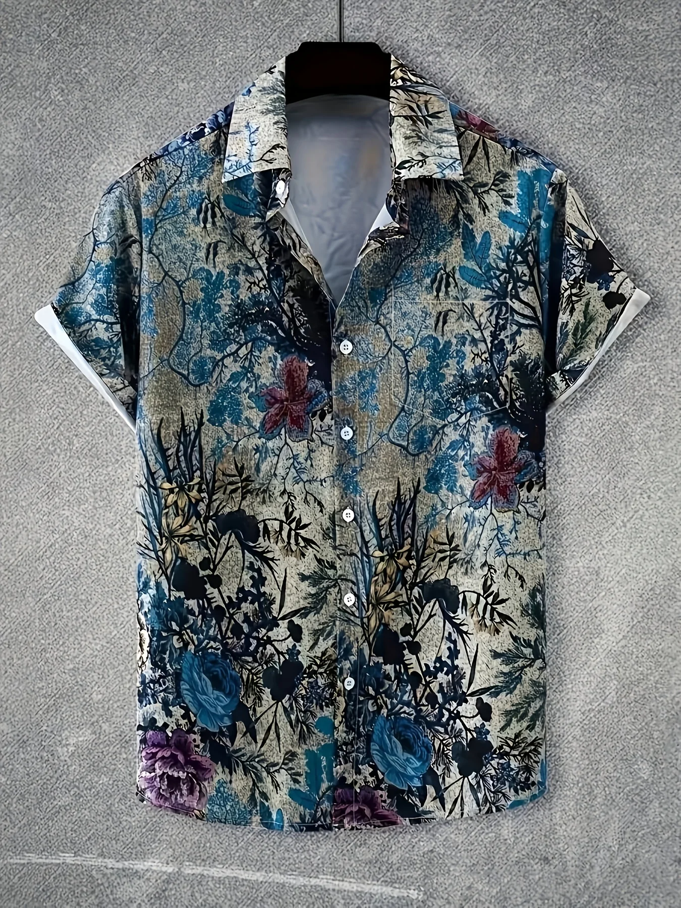 Vintage Shirts Retro Blue Purple Floral Plant Ink Wash Printed Loose Casual Short Sleeve Lapel Tops Men Clothes