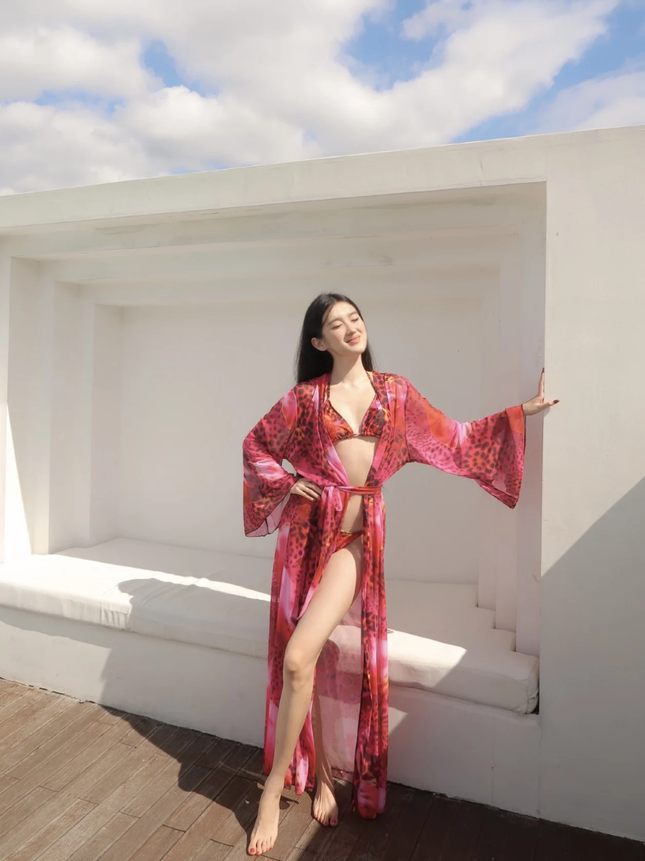 

Sexy Pink Panther Flower Print Bikini Cover up Tee Piece Set WHIMSY Hot Spring Vaion Sle Swimsuit with Chest Pad