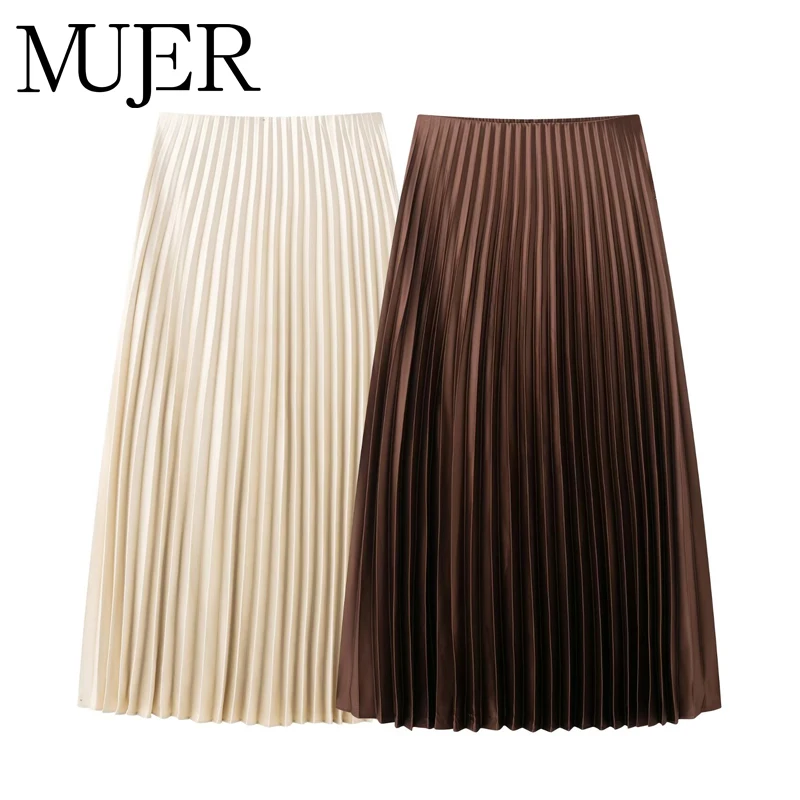 

MUJER Pleated Long Skirts for Woman 2025 Draped Satin Midi Skirt Women Spring Mid Waist Women's Skirts Vintage Party Woman Skirt