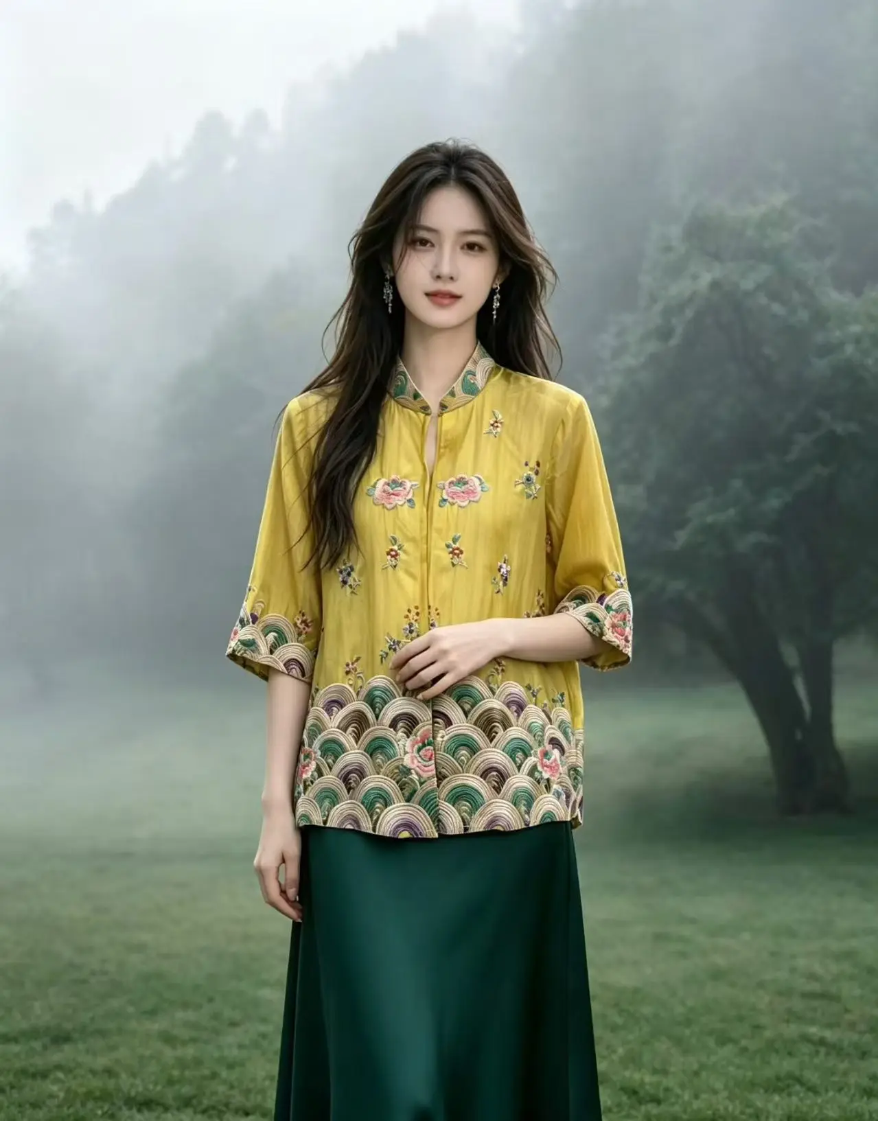 Spring Autumnt Vintage Stand Collar Silk Fabric Women Half Sleeve  Wave Butterfly Embroidery Chinese Style Elegant Ladies Jacket