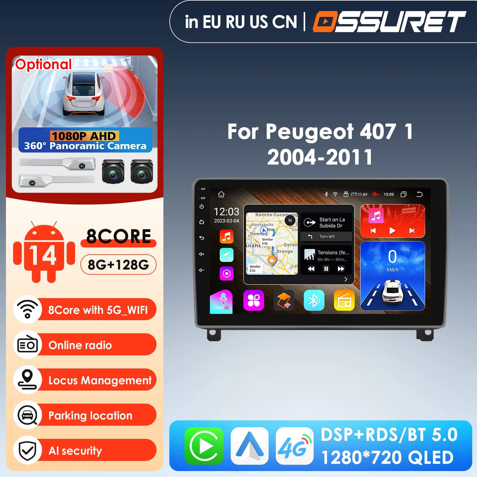 

2DIN 9'' Интеллектуальный мультимедийный плеер Android 14 Автомагнитола для Peugeot 407 I 2004-2011 GPS-навигация Видео Carplay Auto 4G AI