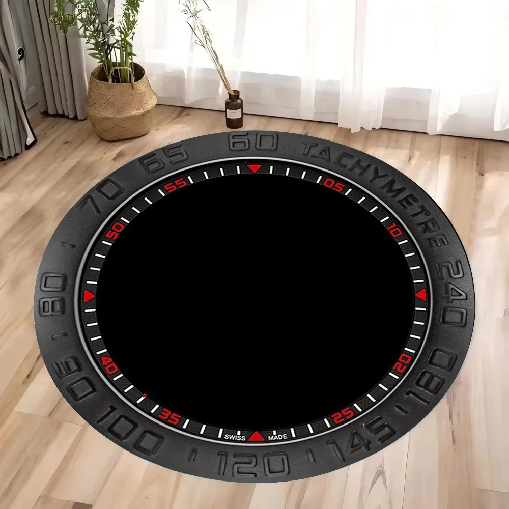 Circular Black Minimalist Floor Mat - Watch-Inspired Design Rug for Living Room, Bedroom, Creative Home Decor, Hand Washable