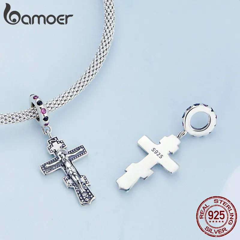 Bamoer 925 Sterling Silver Jesus & Cross Pendant fit Women DIY Bracelet & Bangle Vintage Cross Charms Collection Fine Jewelry