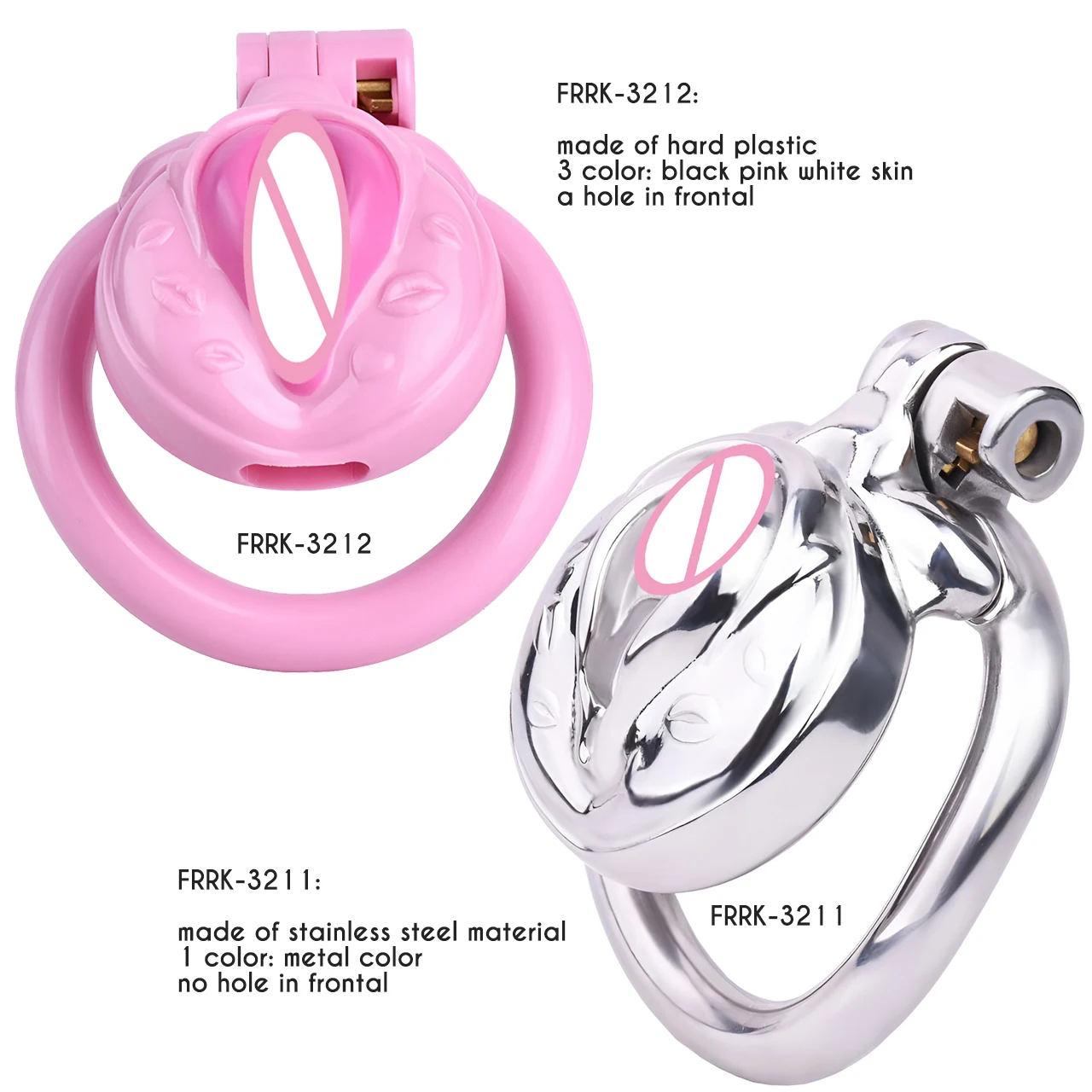 FRRK Steel Laia Pussy Chastity Belt Cock Cage Device 남성정조대 with Pink Band for Adults Sissies Femboy 18+ Curved Penis Rings