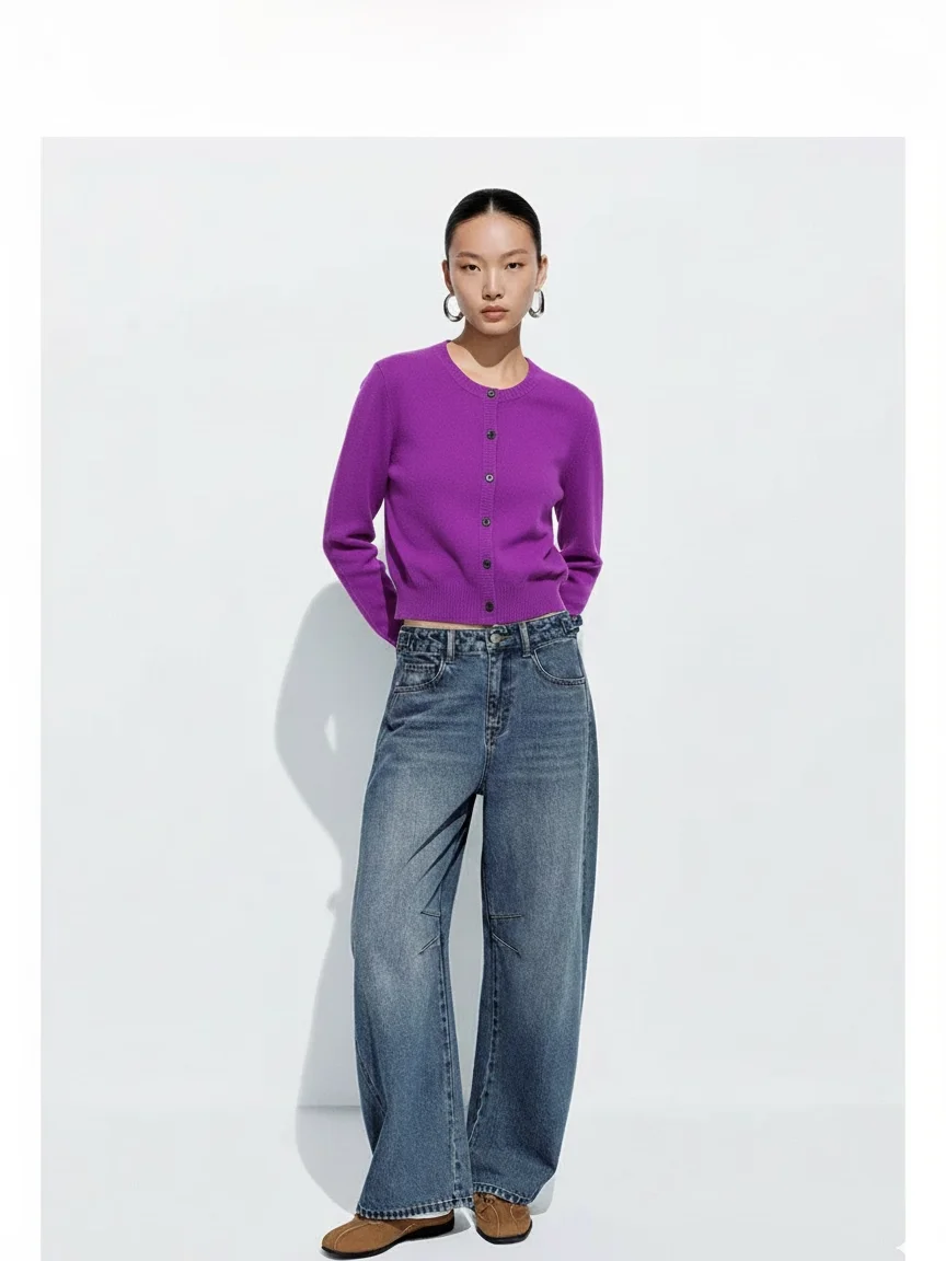 

ay Series Knitted Wool Sweater Thin ort Pure Color round Ne Buttoned Casual Sle Women's Faion Outerwear