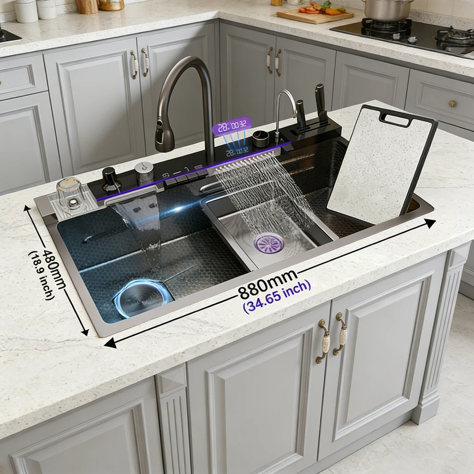 304 Stainless Steel Waterfall Kitchen Sink Large Single Bowl Multifunctional Digital Display With Knife Holder Washing Basin