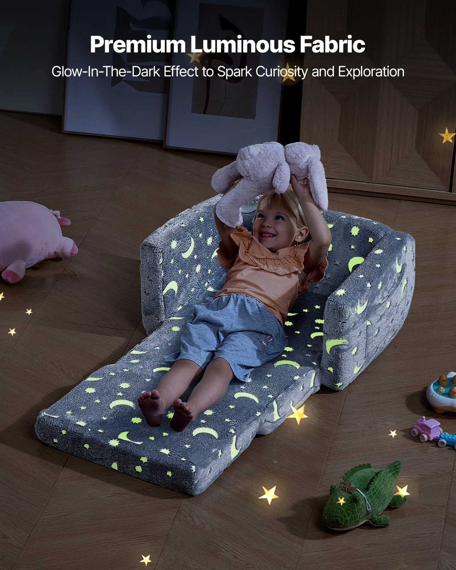 أريكة أطفال متوهجة في الظلام 2 في 1 كرسي قابل للتحويل قابل للطي إلى كرسي مع إسفنجة 28D وفانيلا لقراءة الأطفال الصغار والألعاب
