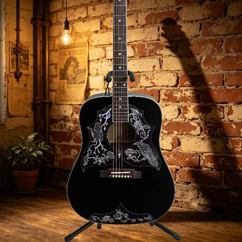 2026 Hot  Acoustic Guitar Black Background Crow Rose Carving D Bucket Star Shell Product Description Free Shipping Mahogany Body