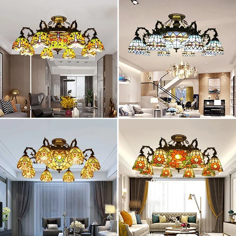 APRIL Tiffany European Living Room PendantLamp Vintage Creative Color Glass restaurant Bedroom Hotel Villa Chandelier