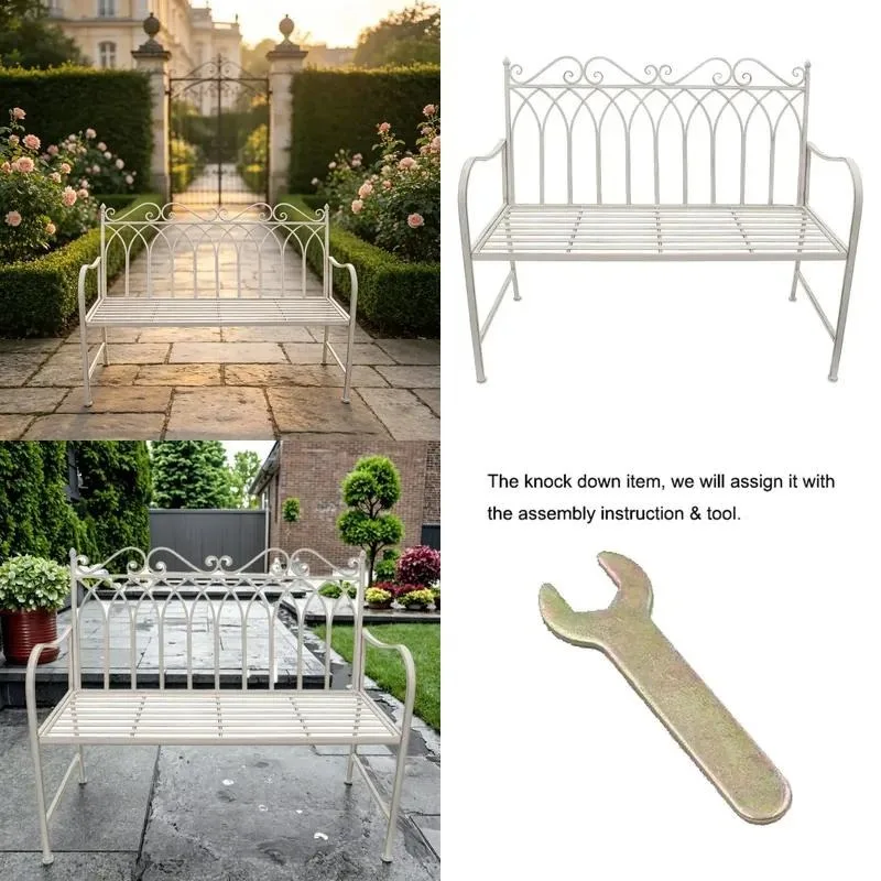 Traditional Antique White Rolling Metal Wrought Iron Handmade Garden Outdoor Courtyard Folding Stool Elegant Design