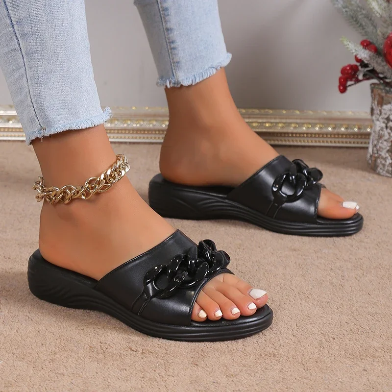 Slippers Chain Decor Summer Beach Muffin Wedges Women Sandals Platform Gladiator Female Shoes Footwear Mujer Graffiti Summer