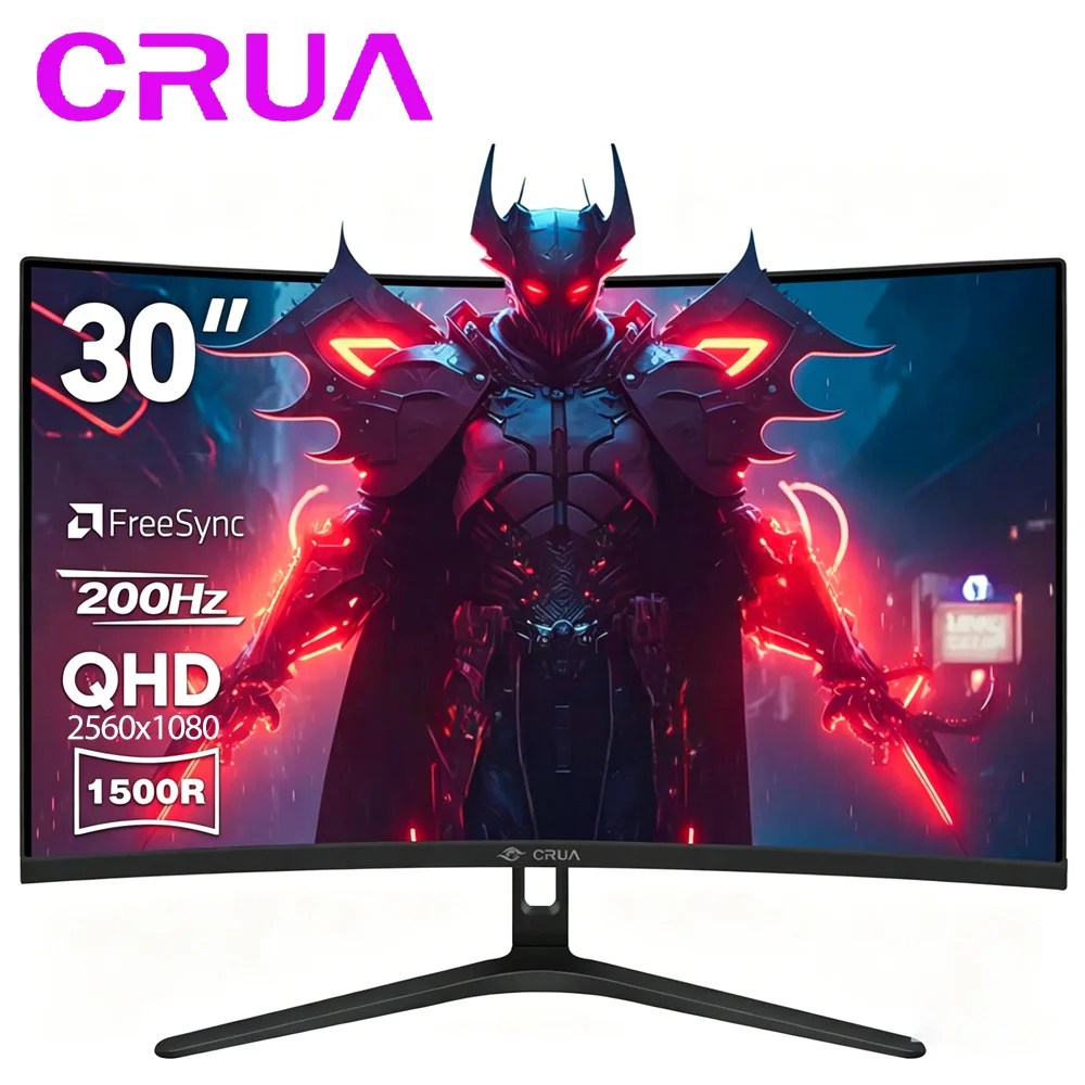 Monitor Curvo para Juegos CRUA de 30 Pulgadas, Monitor de Computadora de 200Hz, Pantalla VA FHD (2560 * 1080P) 1500R, Monitores de PC con 120% sRGB, Compatible con AMD FreeSync, Instalación en Pared (HDMI, DP) - Negro