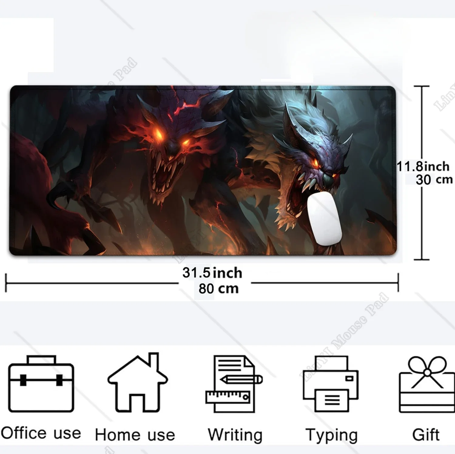 Mythology Giant Wolf  Extended Gaming Mouse Pad with Stitched Edges Non Slip Rubber Base for Office Work Home 31.5 x 11.8 inch