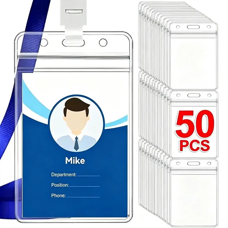 10-50PCS Transparent Waterproof ID Card Name Badge Holder Sturdy Thick Vertical Card Holders Sleeve Pouch for School Office