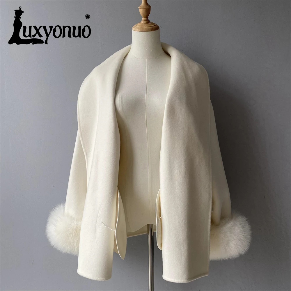 Luxyonuo Women's 100% Wool Coat Real Fox Fur Cuffs Wool Coats for Winter Ladies New In Outerwear 2024 Fall Fashion Jacket Female