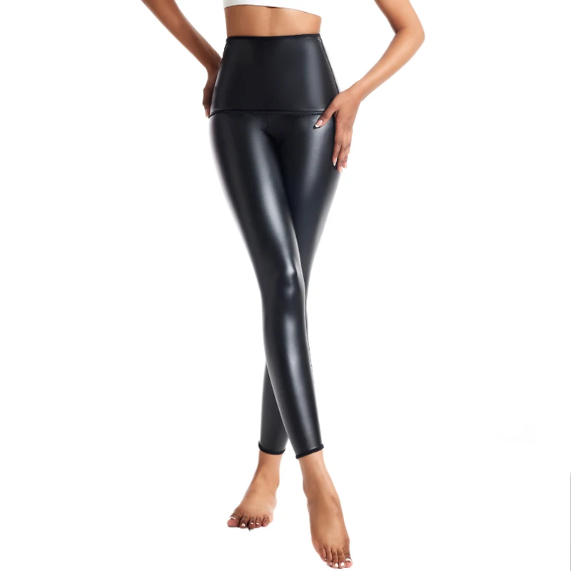 Faux Leather Leggings for Womens High Waist Pants Black Elastic Tights Body Shaper Waist Trainer Shaping Pants Leather Shapewear