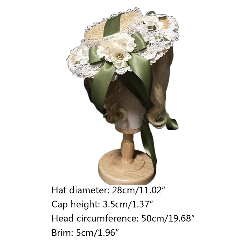 Women Girls Elegant Tea Party Flat Hat Multilayer Lace Bonnet Artificial Flower Ribbon Bow Straw Beach for Sun