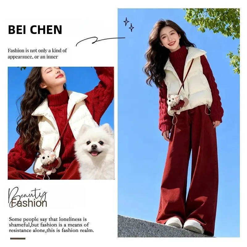 

plus Size Winter Women's Red Sweater Wide Leg Pants Three Piece Set College Style Cotton Vest Casual Fashion Ensemble