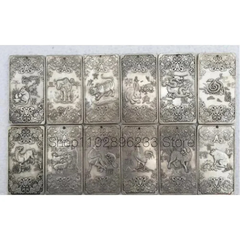 12Pcs Old Chinese Ancient Twelve Zodiac tibetan Silver Bullion thanka amulet Set