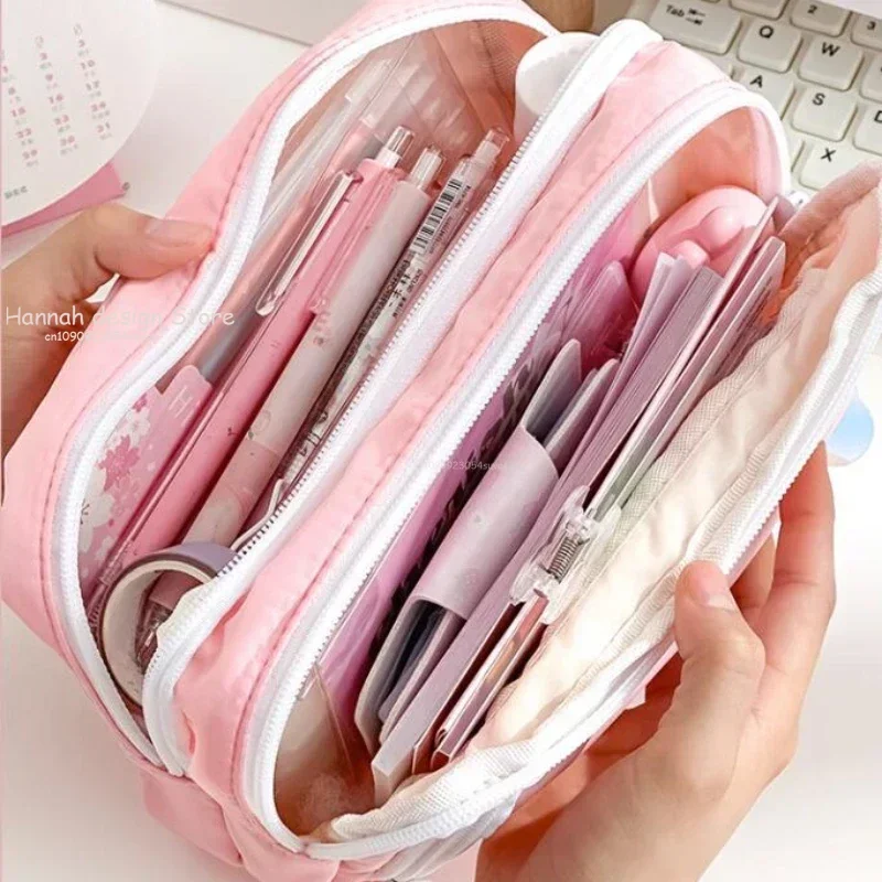 Girls School Supplies Pink Aesthetic Pencil Bag Large Capacity Pencil Cases Cute Korean Stationery Holder Bag Zipper Pencil Case