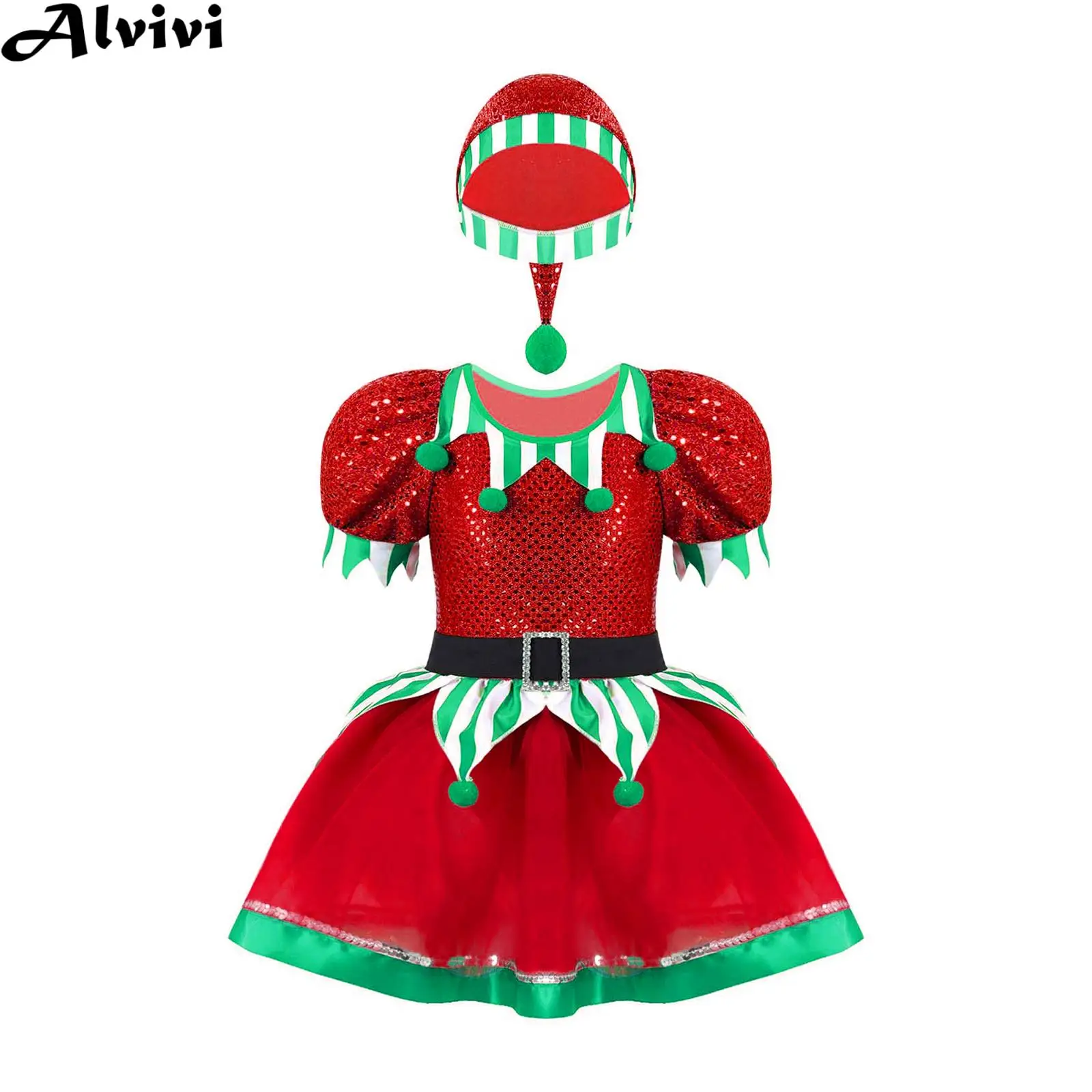 Crianças meninas vestido de dança de natal ballet patinação collant natal elf papai noel cosplay traje brilhante lantejoulas malha tutu com chapéu