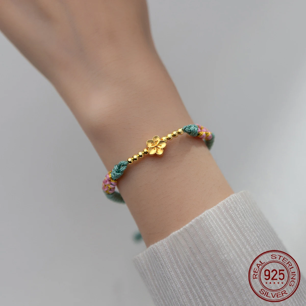 

La monada 27cm 925 Silver Blue Rope Bracelets Women Silver Flower Green Thread Line String Bracelets For Women Girl Adjustable