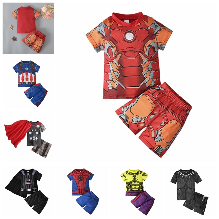 Summer Children Clothing Set Baby Boy Cartoon Hulk Iron Man Captain America Spiderman Costume Girl Kid Short Sleeve Pajamas Set