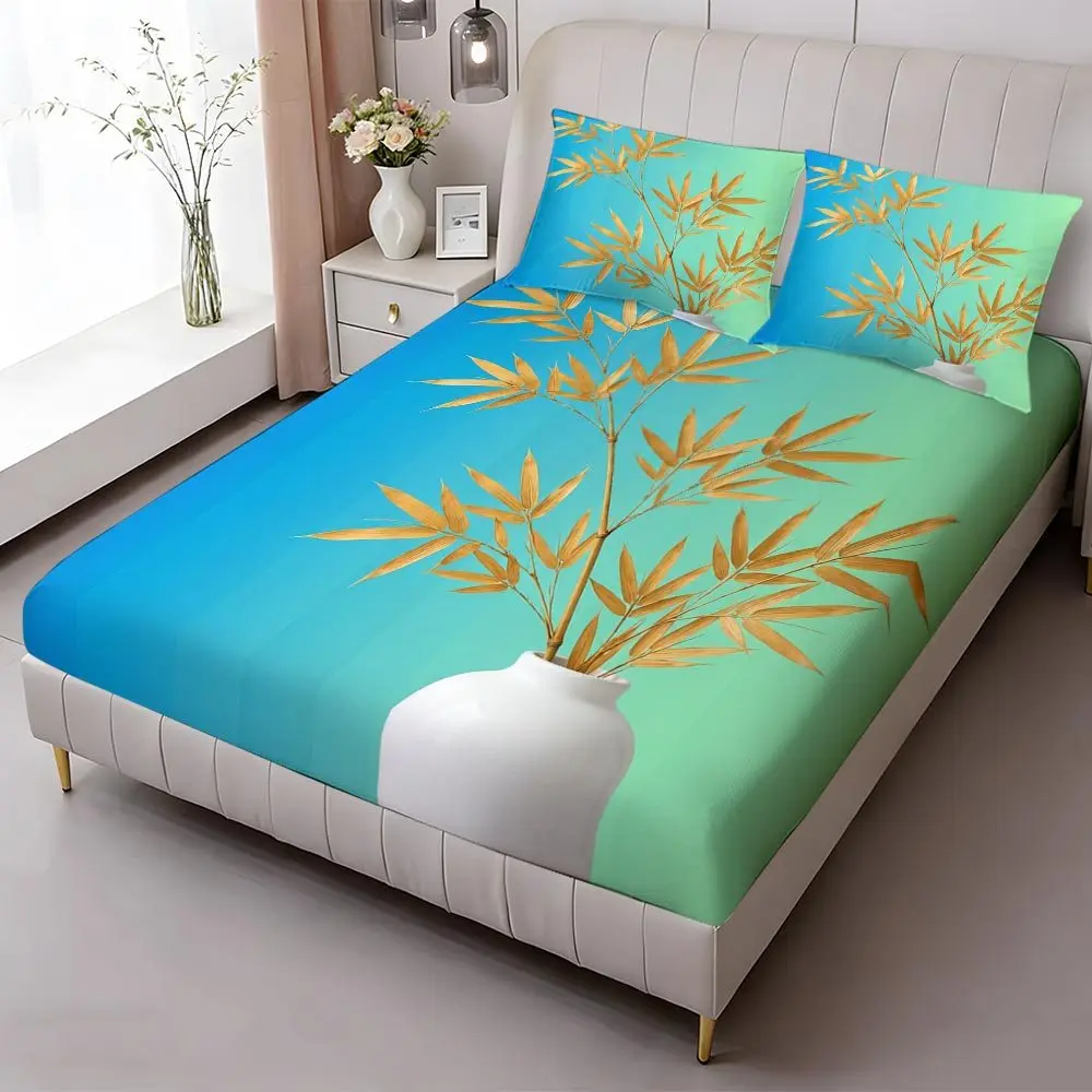 3-Piece Mattress Protector Set, 2D Flat Bamboo Pattern Fitted Sheet Set in Queen_King_Full Sizes, Home Bedroom Decoration, Holiday Fitted Sheet and Pillowcase, Mattress Protector, Stain-Resistant, Mattress Cover, Suitable for All Seasons, Machine Washable, Easy to Care For, Universal for Home Bedrooms, Essential for Dorms and Rentals, Master Bedroom and Guest Room Decoration, Dust-Proof and Stain-Resistant, High Elasticity, Fits Various Sizes
