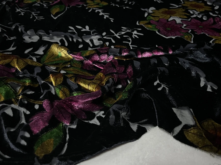 Real Silk Gold Velvet Clothing Fabric Black Purple Hollow Flower Burnt Dress Cheongsam