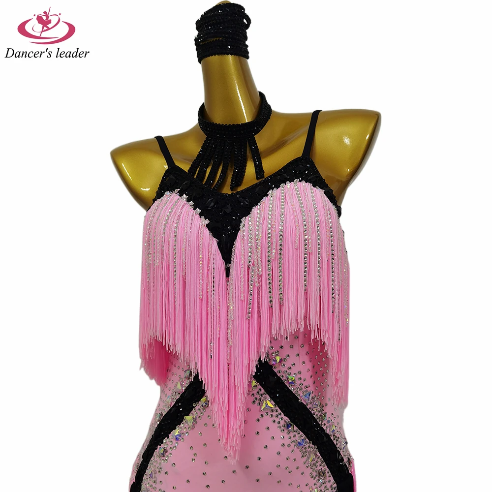 Latin Dance New High-end Custom Pink Sling Full Diamond Tassel Skirt Cha Cha Tango Women's Adult Stage Professional Clothing