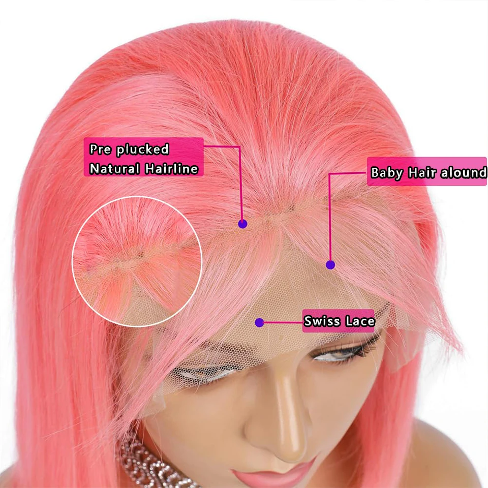 CUBIC Pink Colored Lace Frontal Wig Short Straight Bob Brazilian Remy Human Hair Wigs For Women HD Transparent Lace Frontal Wig