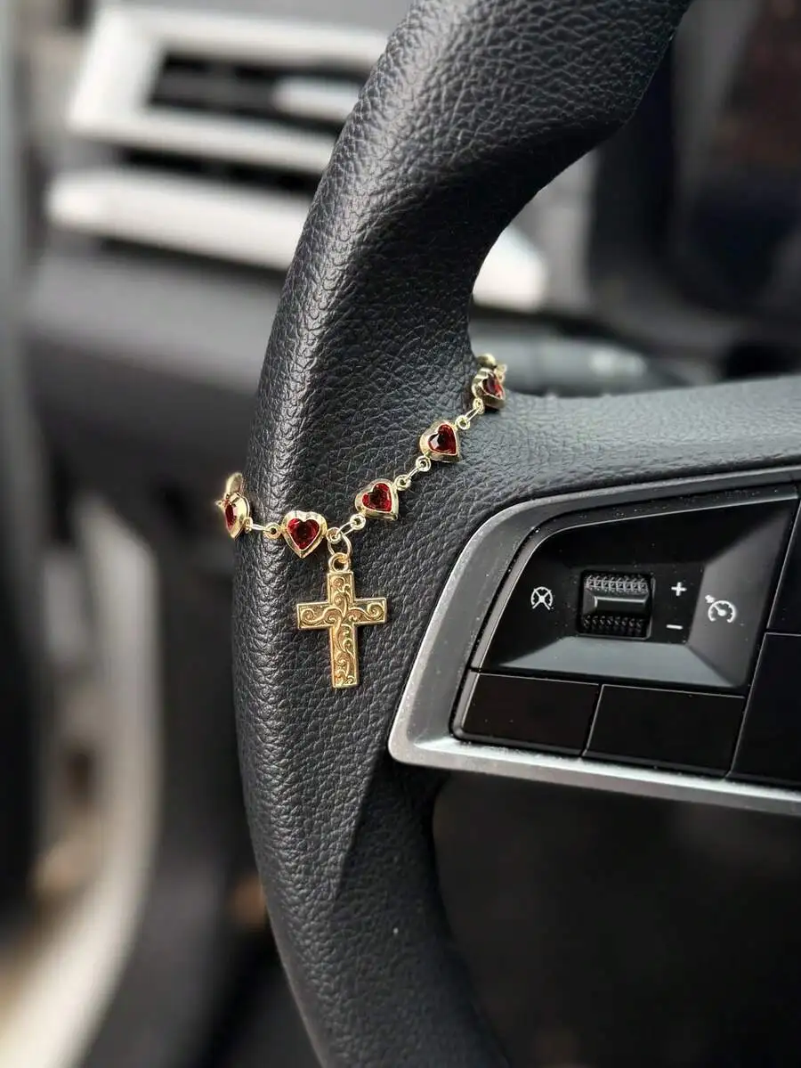 Cross Heart Charm Steering Wheel Decor Car Interior Accessory Pendant