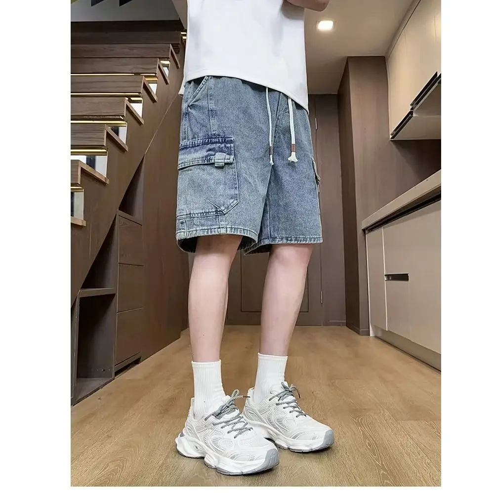New 2026 Drawstring Cowboy Man Tooling Summer Loose Denim Water Wash Shorts Casual Retro Baggy Wide Leg Jeans Cargo Pants Men
